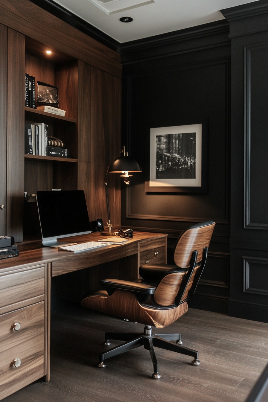 Wide angle mobile workspace. Walnut paneling, vintage Eames chair, dramatic noir lighting.