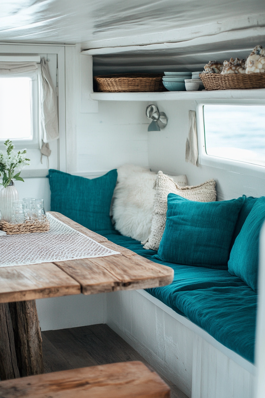 Van dining area. Teal cushions, driftwood table, white-sheen shells on mesh string.