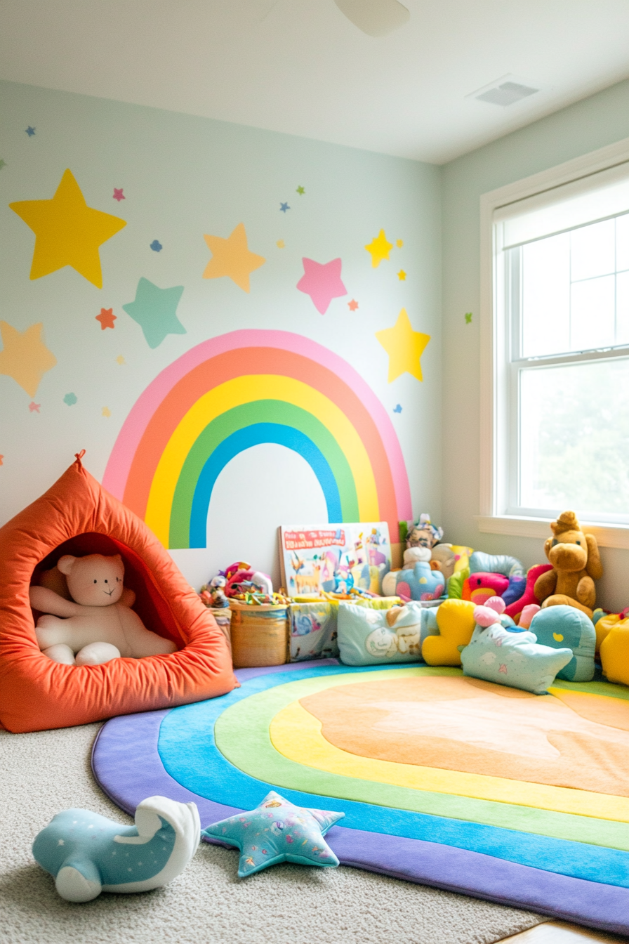 Wide angle view. Baby space with rainbow wall decals and star-shaped floor mat.