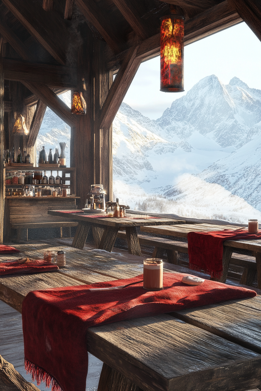 Ski lodge interior view. Aged timber tables, crimson wool blankets, hot cocoa station, snow-white peaks backdrop.