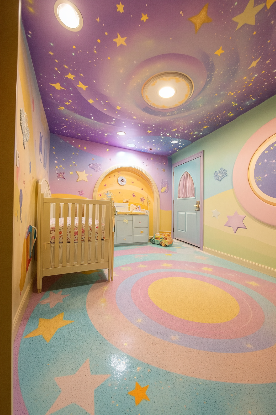 Wide angle view of cheerful baby space. Pastel color spectrum mural with celestial patterns.