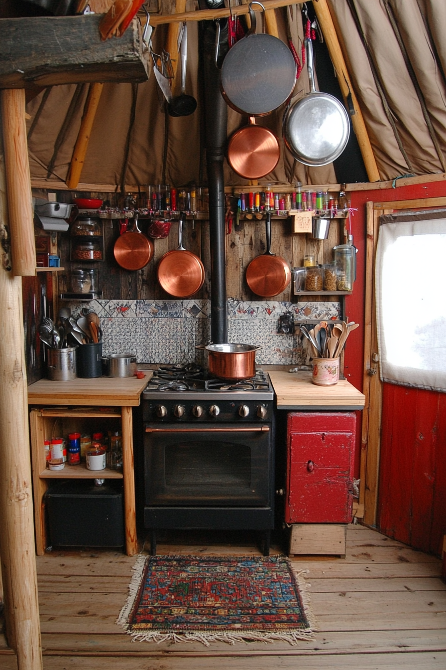 Alpine-style Yurt kitchen. Wood stove with copper pots hanging above, colored spice wall.