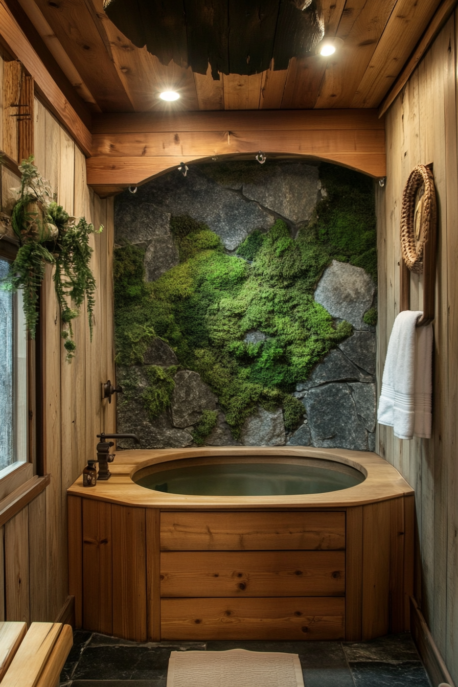 Tiny bathhouse design. Cedar soaking tub with mossy stone wall backdrop.