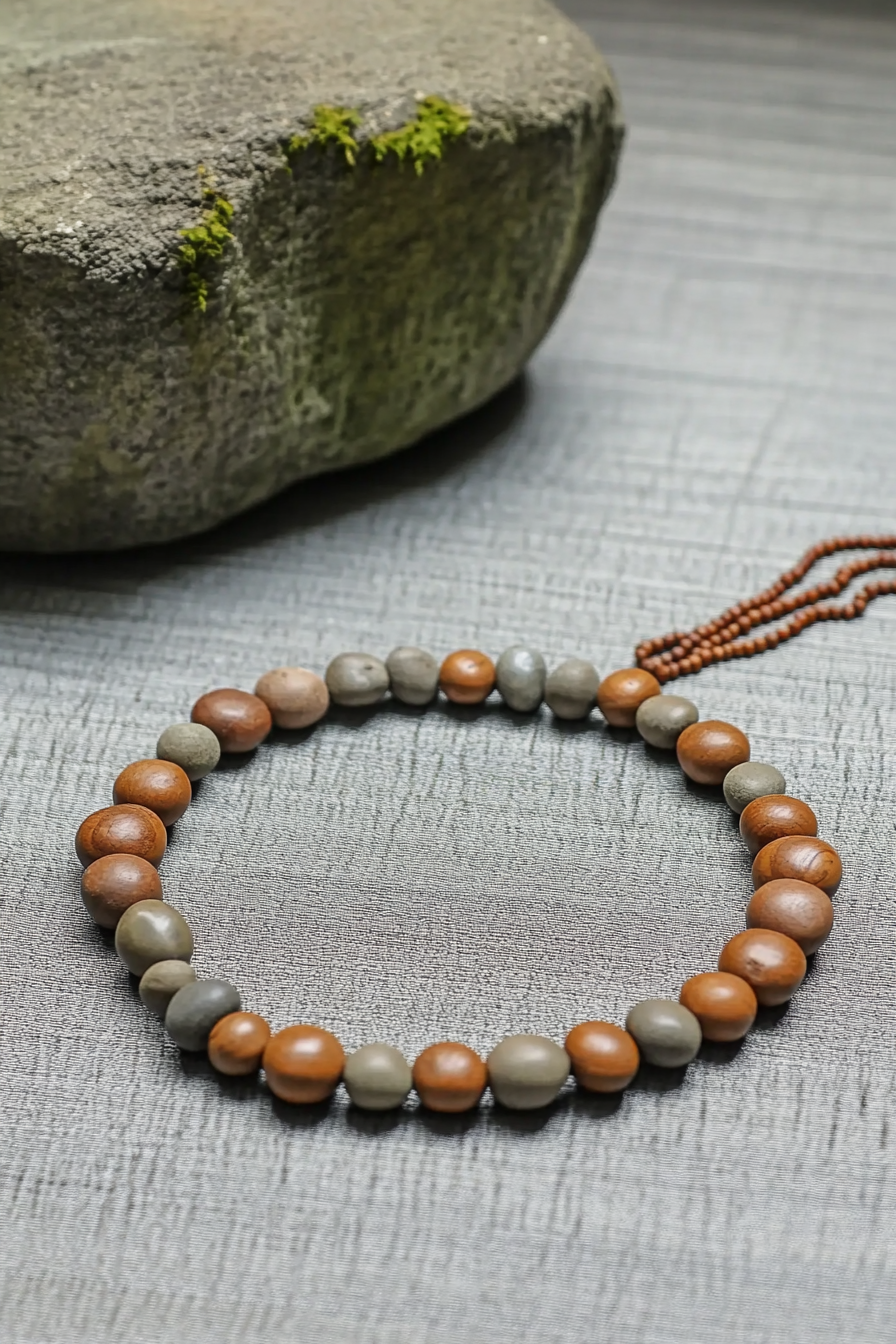 Zen-style van meditation room. Circle of pebbles around wooden prayer beads.