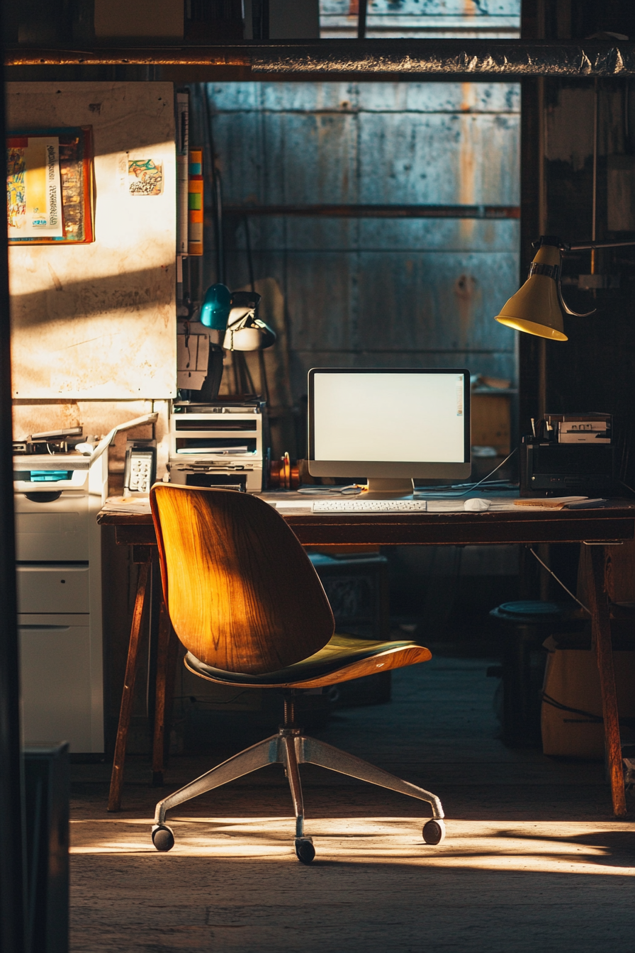 Wide angle view. Mobile workspace. Vintage Eames chair under milky, ambient ceiling spotlight.