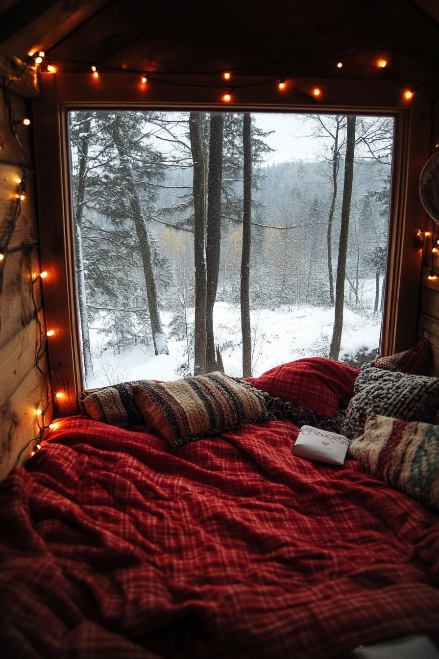 Wide angle festive sleeping nook. Red flannel bedding, string lights, overlooking snowy landscape.