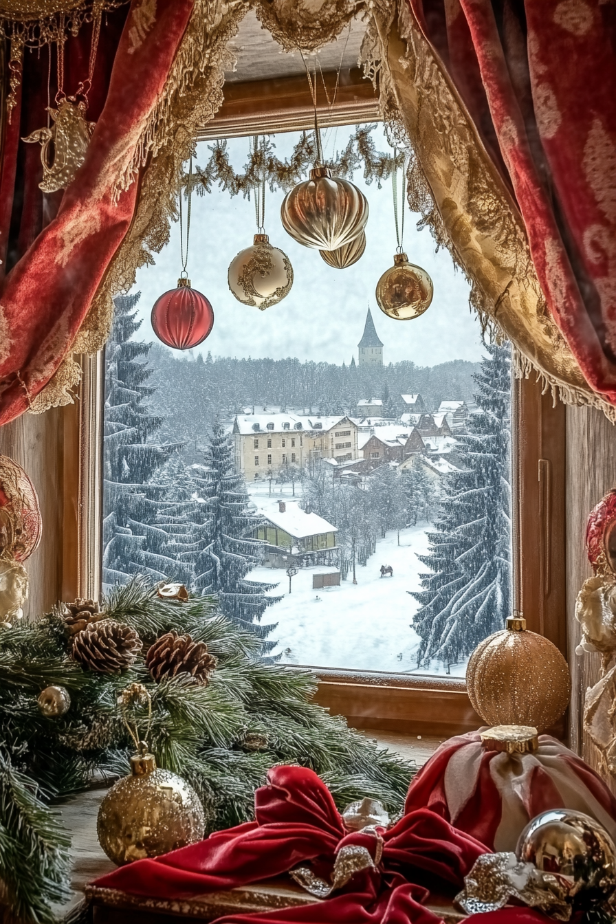 Elegant Christmas interior. Wide-angle, vintage ornaments, velvet ribbons, overlooking snow-covered village.