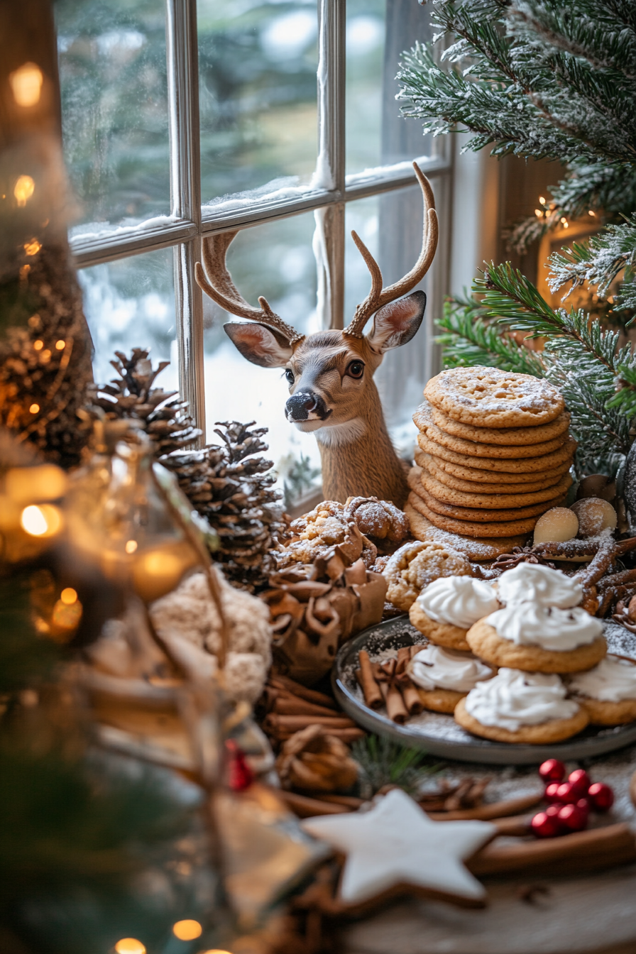 Wide angle view of holiday baking haven. Deer peeking through window, spices beside frosted cookies.