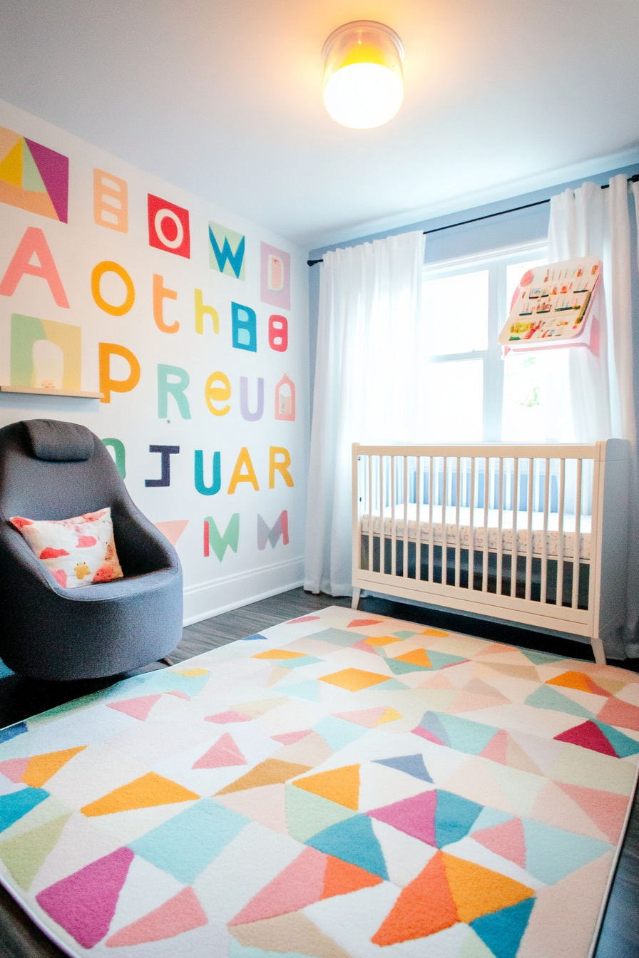 Wide angle of baby space. Multicolored alphabet wall decals with pastel geometric rugs.