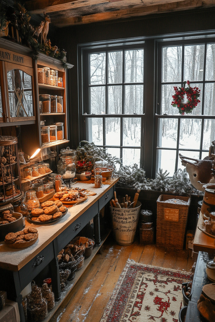 Wide angle view of holiday baking haven. Cookie station, spice storage, observing deer in snowy meadow.