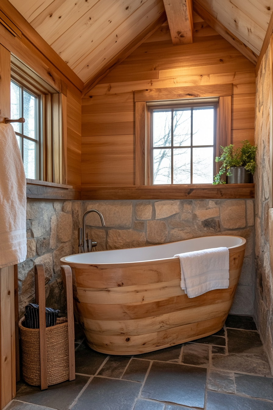 Wide-angle view of bathroom. Natural tiny house, wooden soaking tub, stone details.