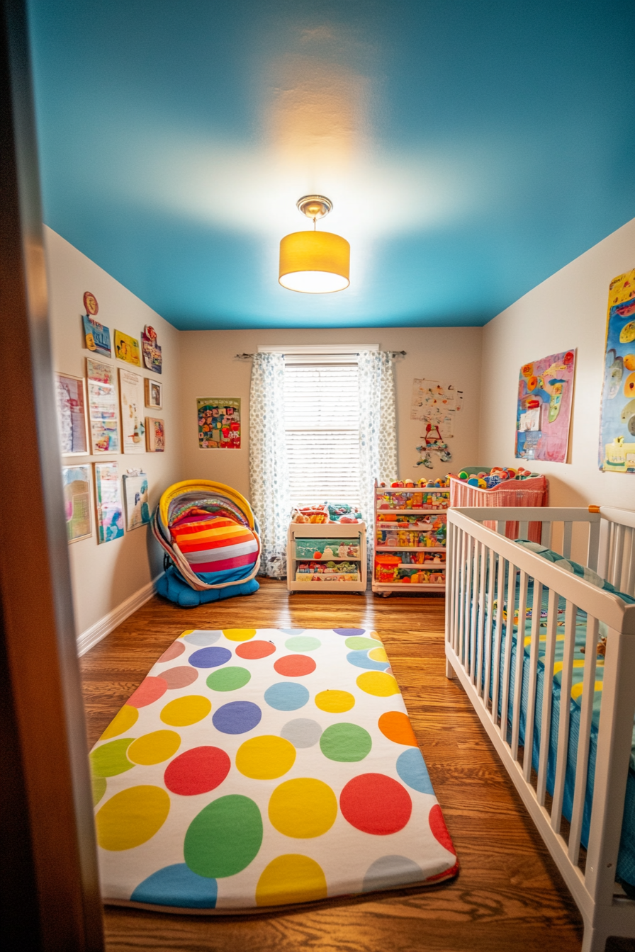 Wide angle view of baby space. Blue ceilings, rainbow-colored crib, and polka-dot play mat.