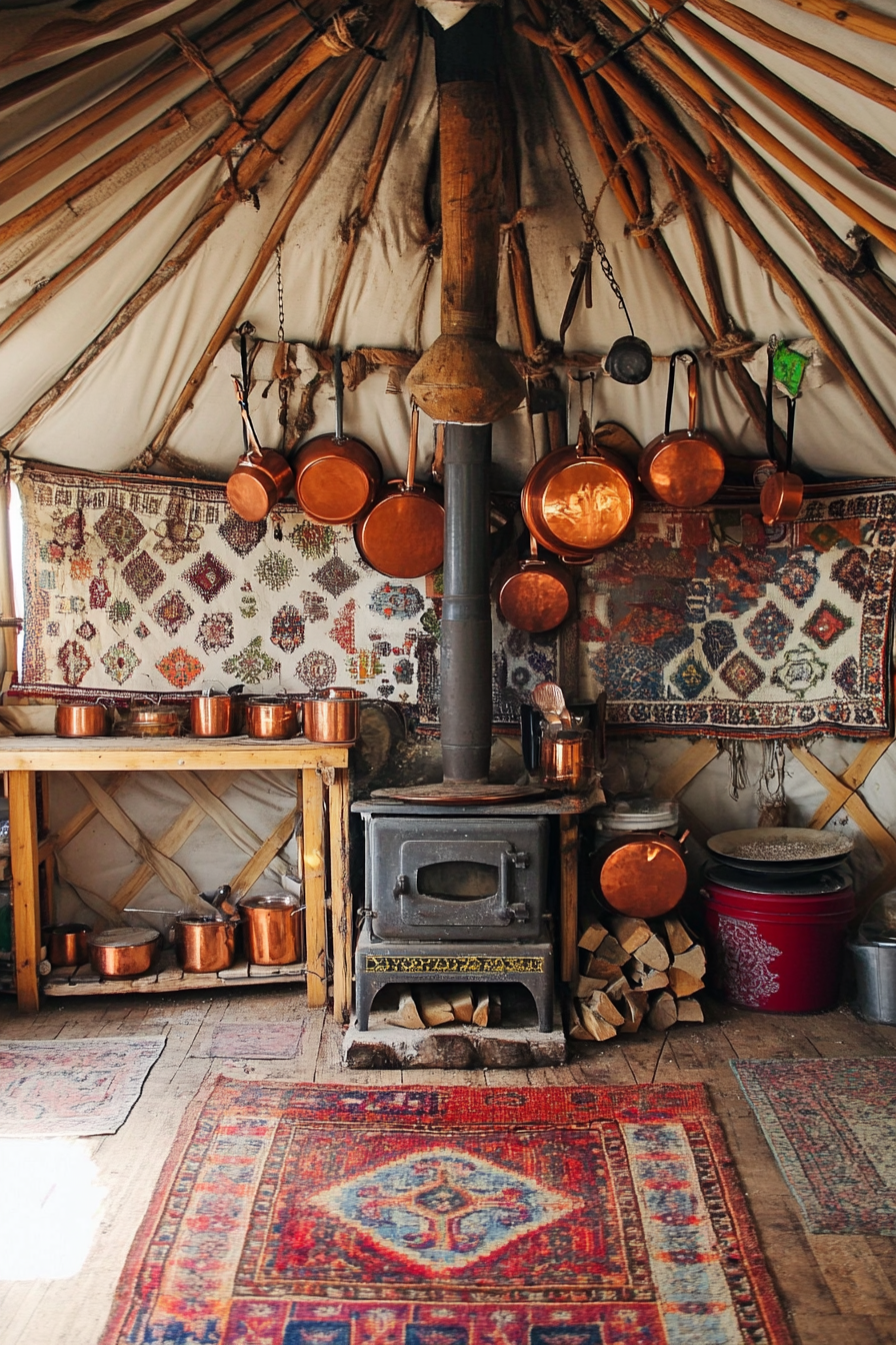 Alpine-style yurt kitchen. Wood stove centered, spice wall backdrop, large copper pots hanging.