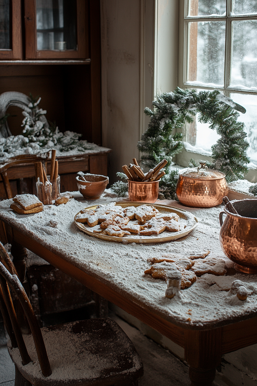 Wide angle view. Flour-covered vintage table with gingerbread, copper pots, cinnamon bundles, chair, snowy windowscape.