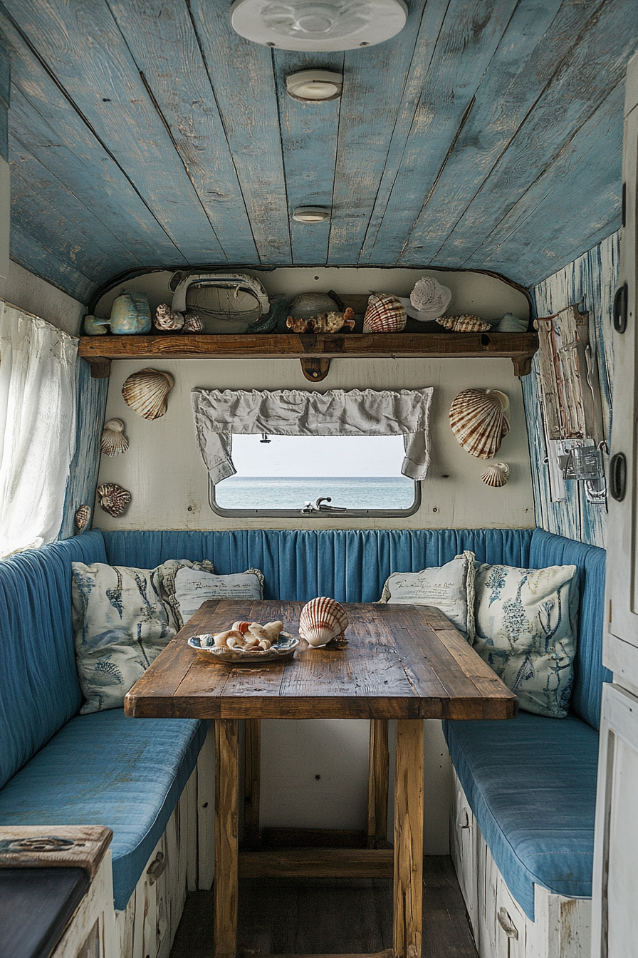 Van dining area. Sea blue upholstery, fold-out wooden table, shell decor.