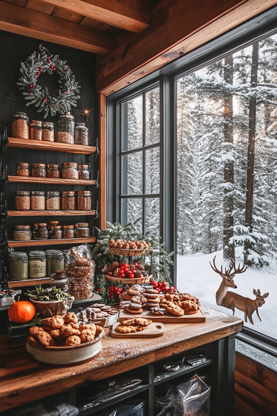 Wide angle holiday baking view. Cookie station, spice storage, and deer in a snowy meadow.