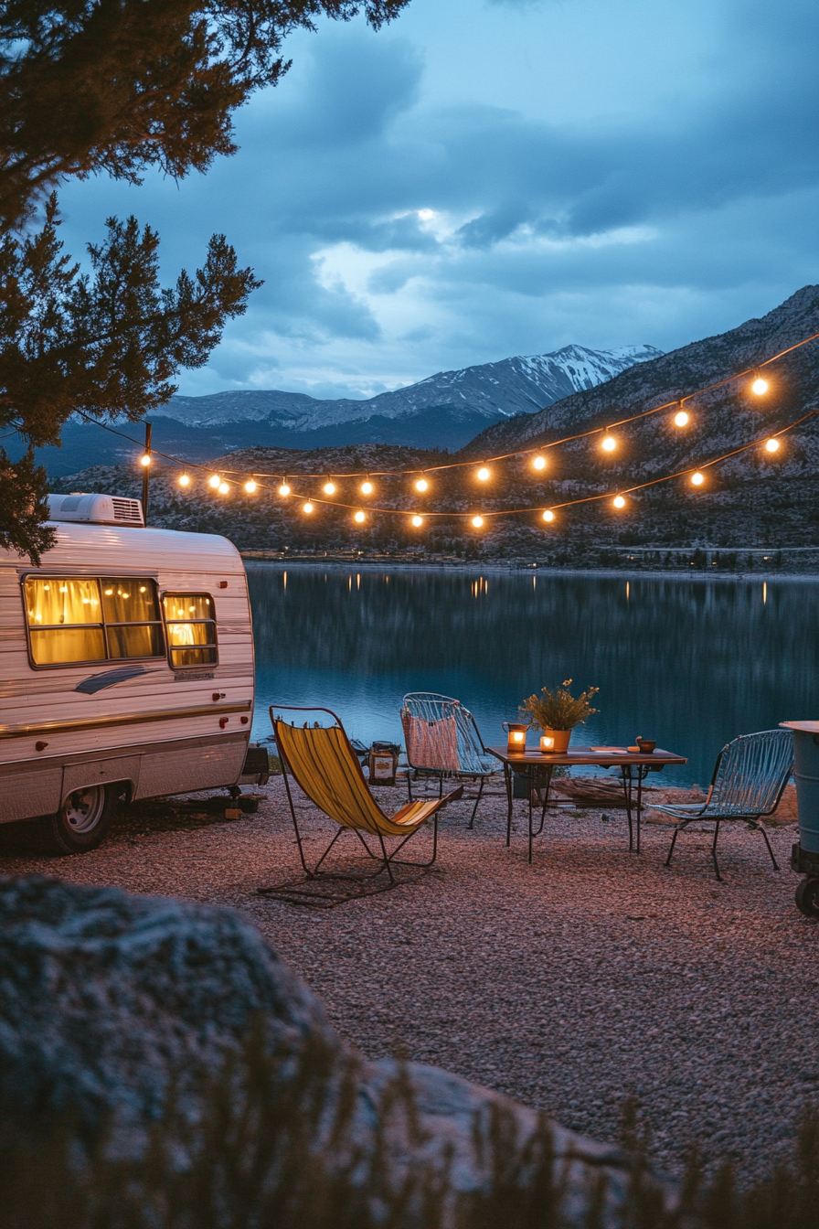 Wide angle view. Retro-styled RV, metal gliders, string lights, mountain lake view.