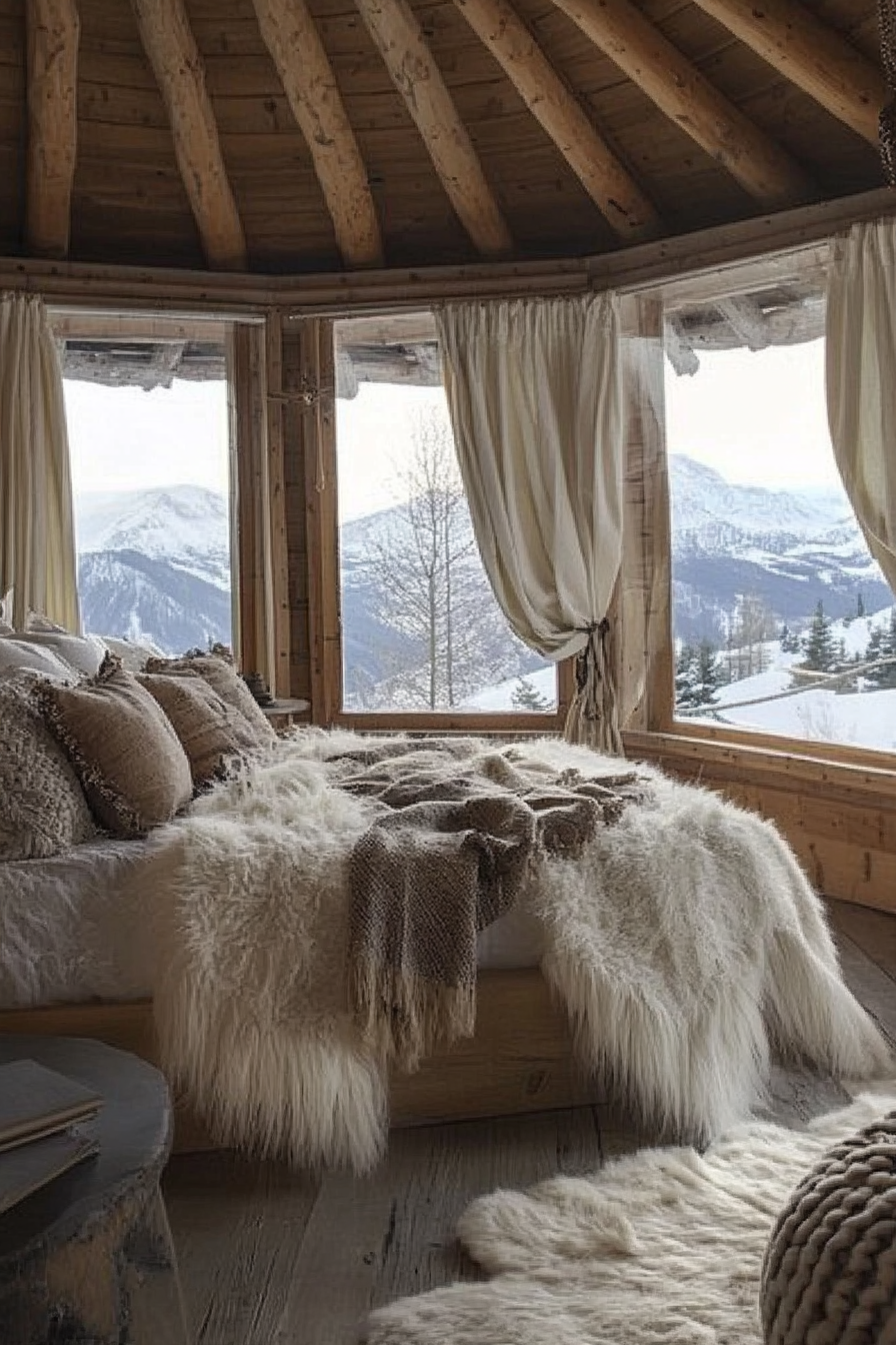 Alpine-view yurt bedroom. Rustic bed against panoramic windows, layered with fur throws.