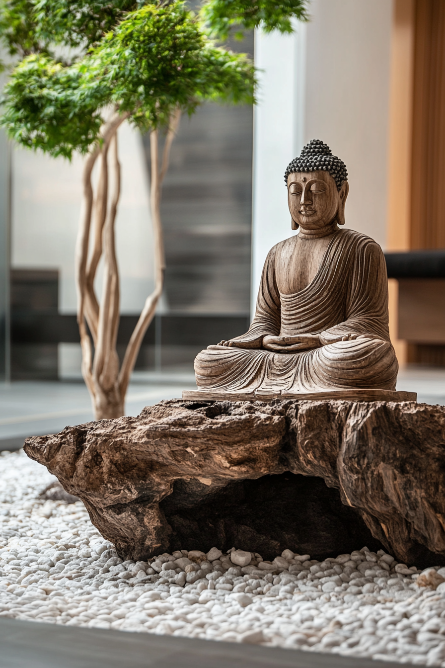 Meditation room. Teak wood Buddah statue beside Zen garden.