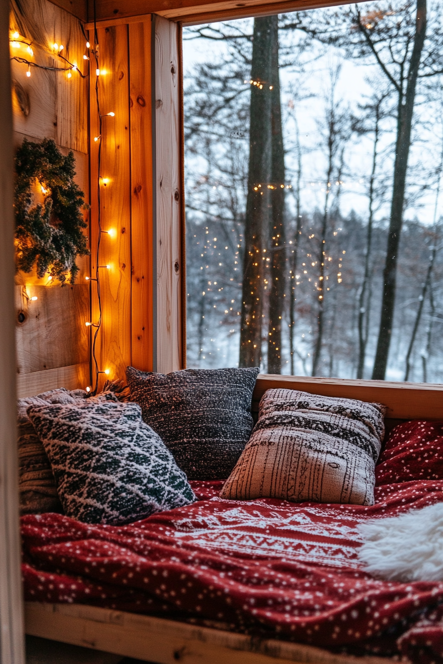 Wide angle of festive nook. Flannel bedding, string lights, visible winter landscape outside.