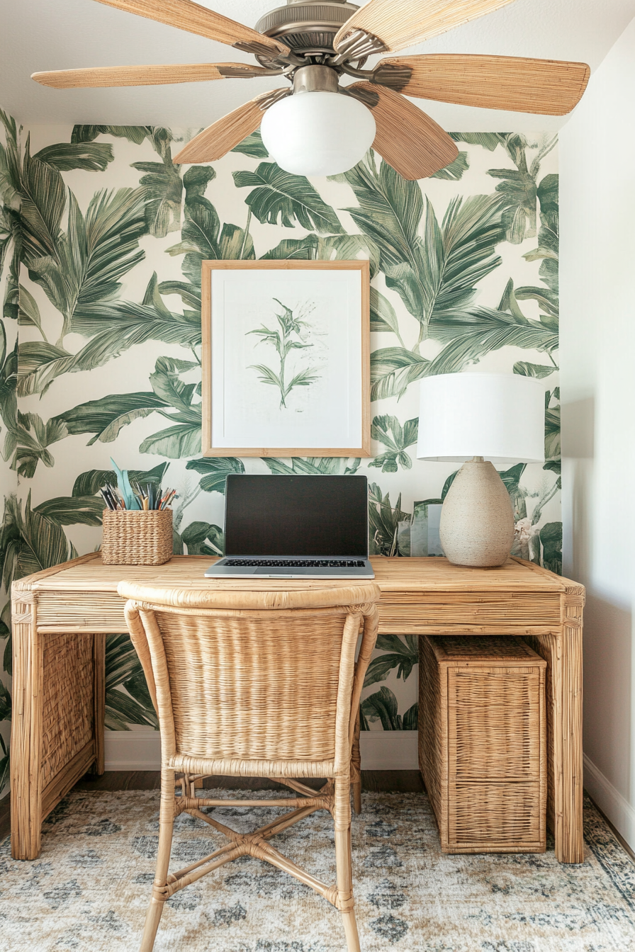 Tiny office. Rattan desk against leaf-patterned wallpaper and a bamboo ceiling fan.