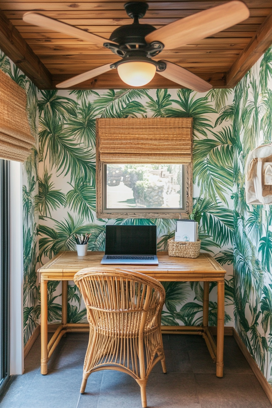 Tiny office. Rattan desk with tropical leaf wallpaper and wooden ceiling fan.