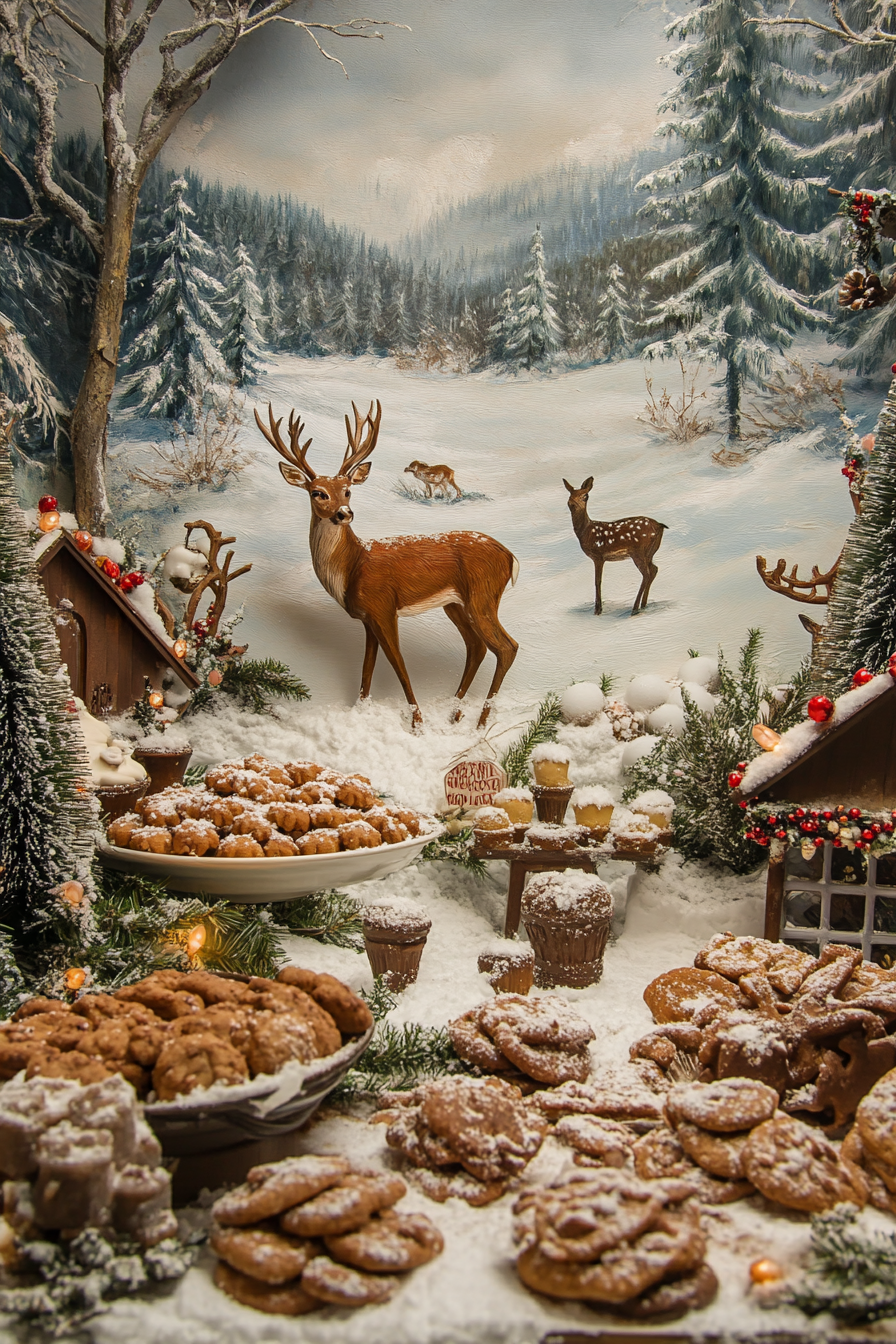 Holiday baking haven. Wide-angle view of spicy cookie station, with deer gracing snowy meadow background.