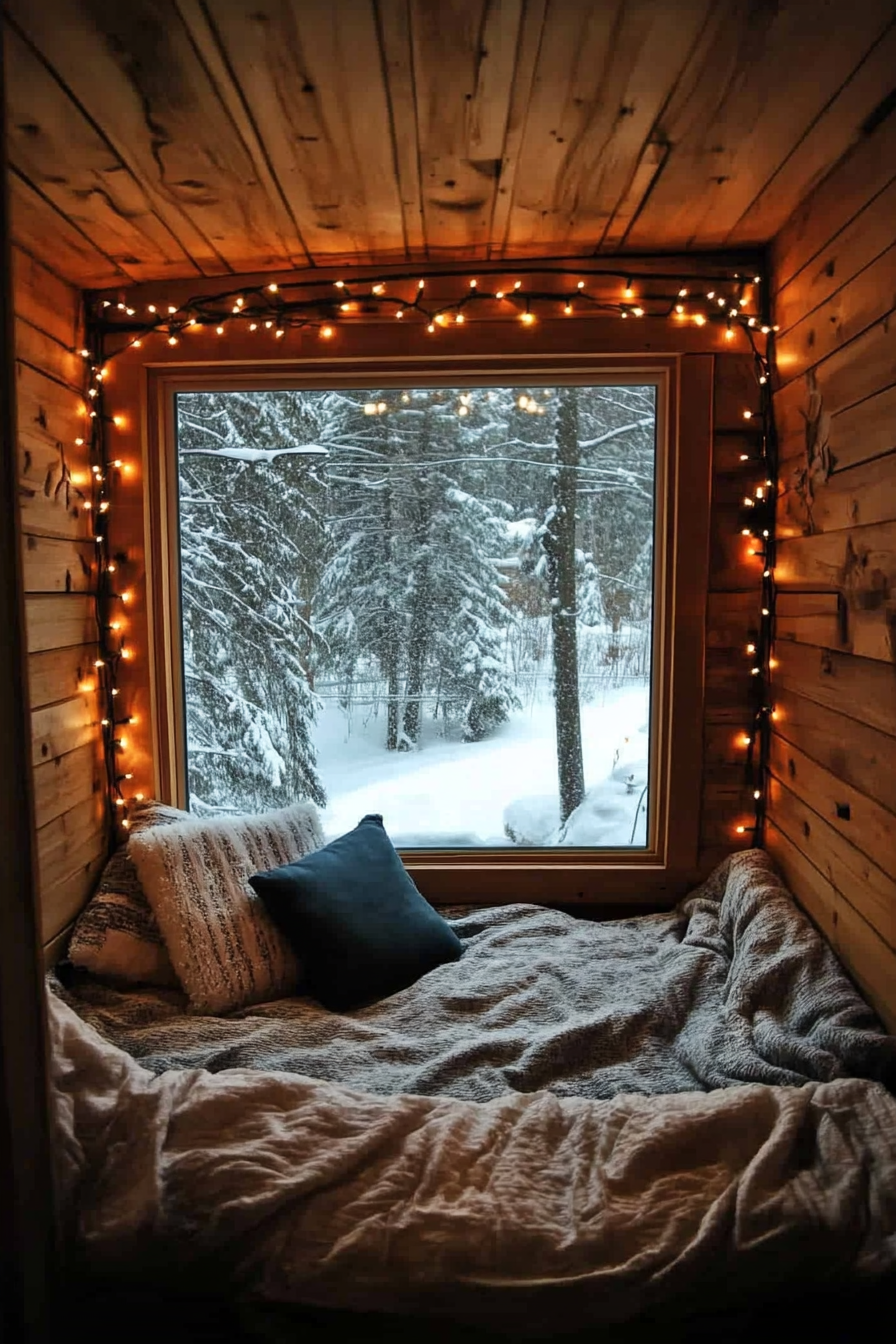 Wide angle view. Wood-paneled cozy nook with flannel bedding, strung fairy lights, snow-laden fir trees outside.