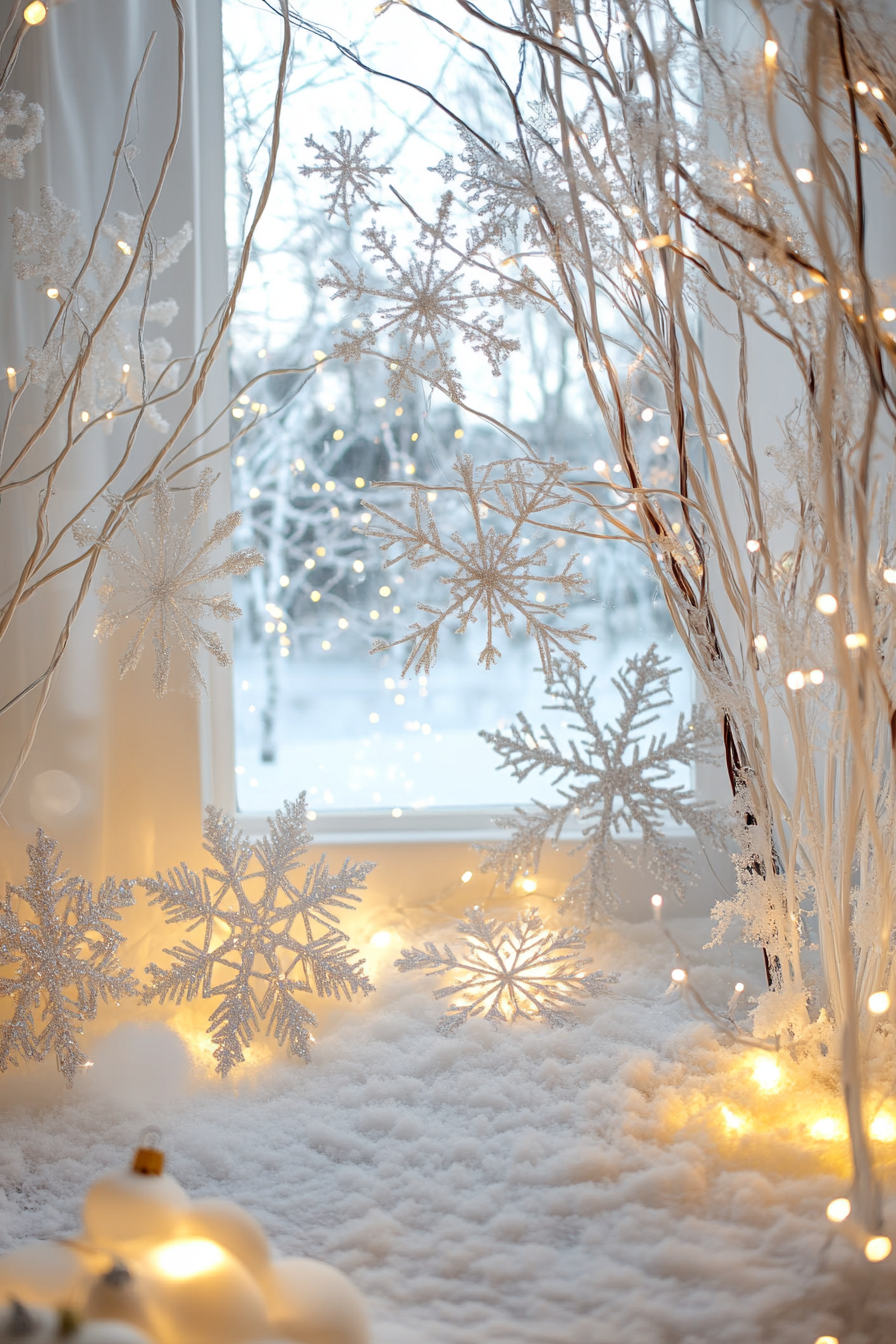 Modern Christmas decor. Wide angle view, white lights, paper snowflakes, frost-covered valley.