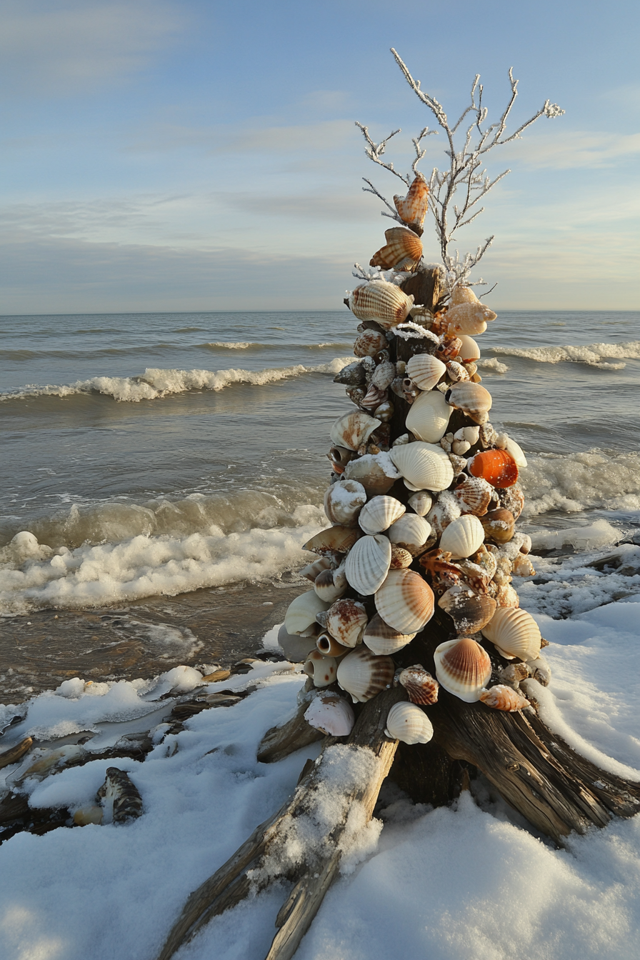 Wide angle view, holiday décor. Seashell ornaments on driftwood tree, overlooking snowy wave-swept shore.