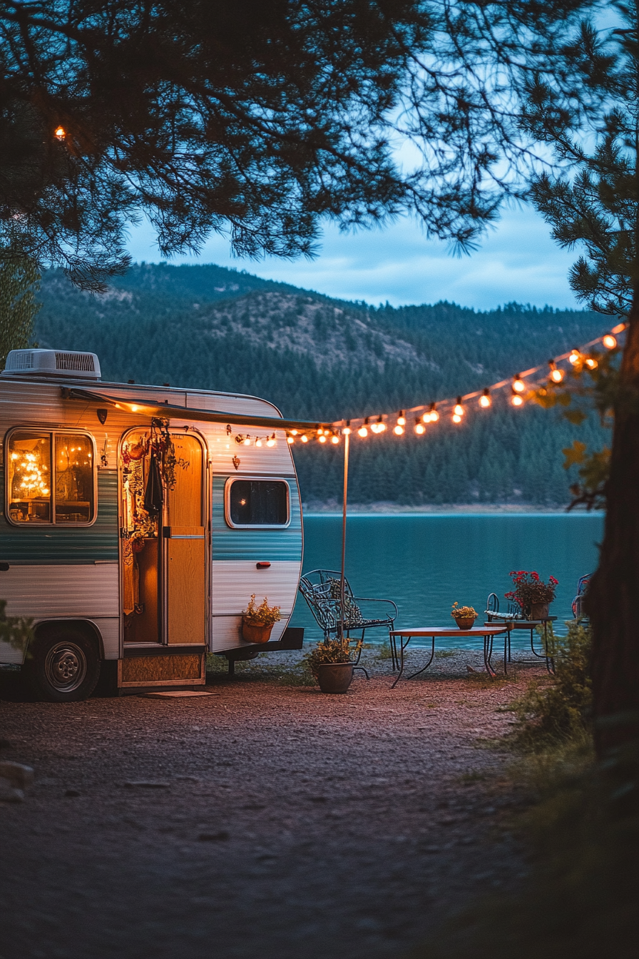 Wide-angle view. Retro RV entrance with metal gliders, string lights, by a mountain lake.