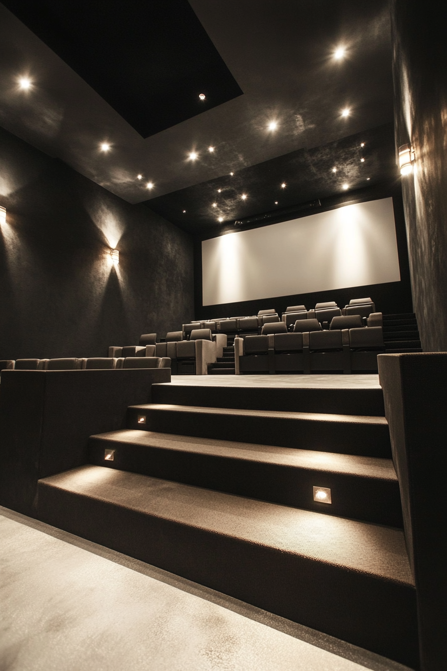 Contemporary tiny theater. Eggshell white walls, charcoal tiered seating, central projector wall.