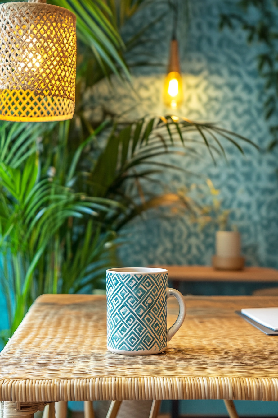 Tropical-modern tiny office. Rattan desk with amateur cyan geometric-patterned ceramic cup.