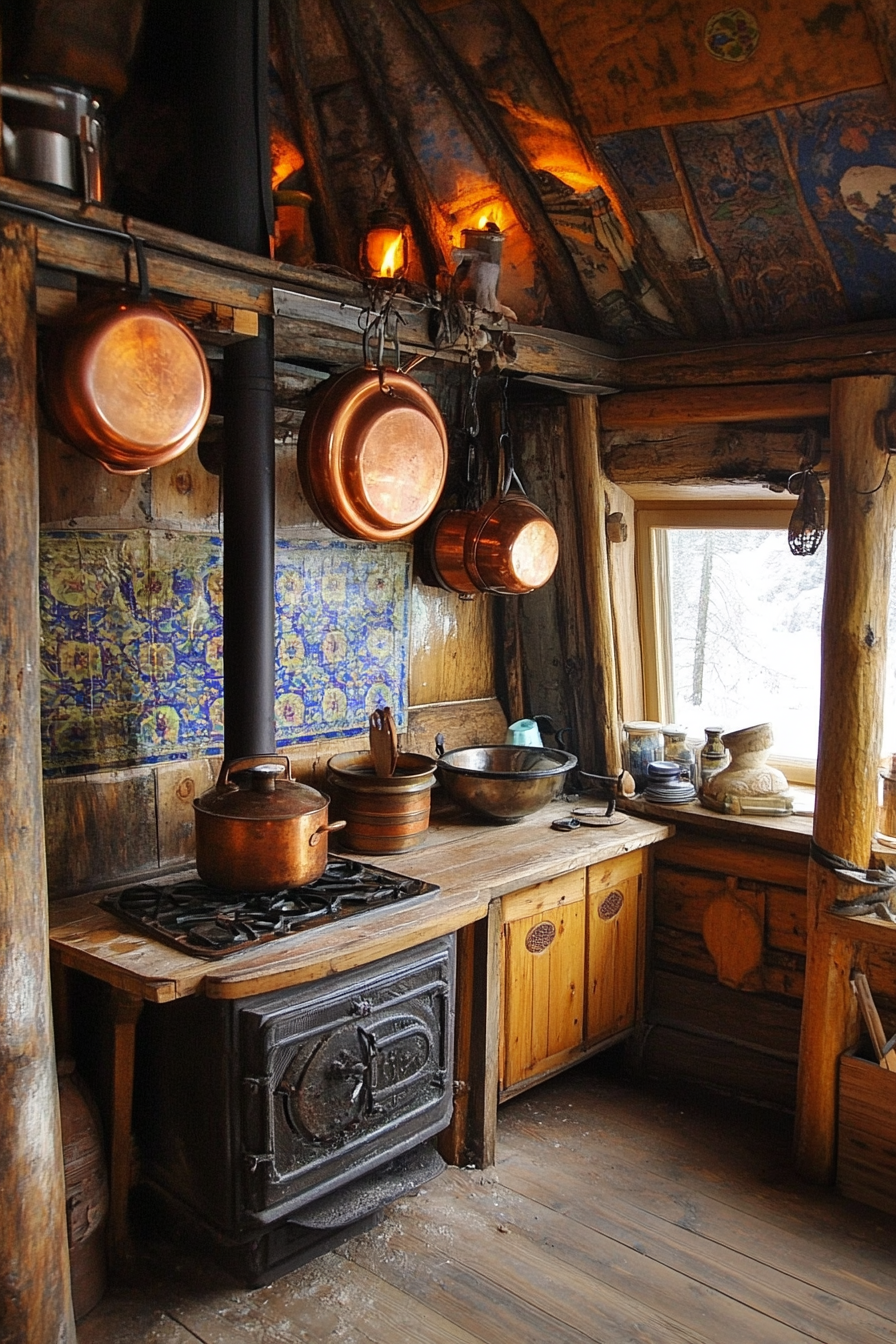 Alpine-Style Yurt Kitchen. Copper pots hanging around antique wooden stove.