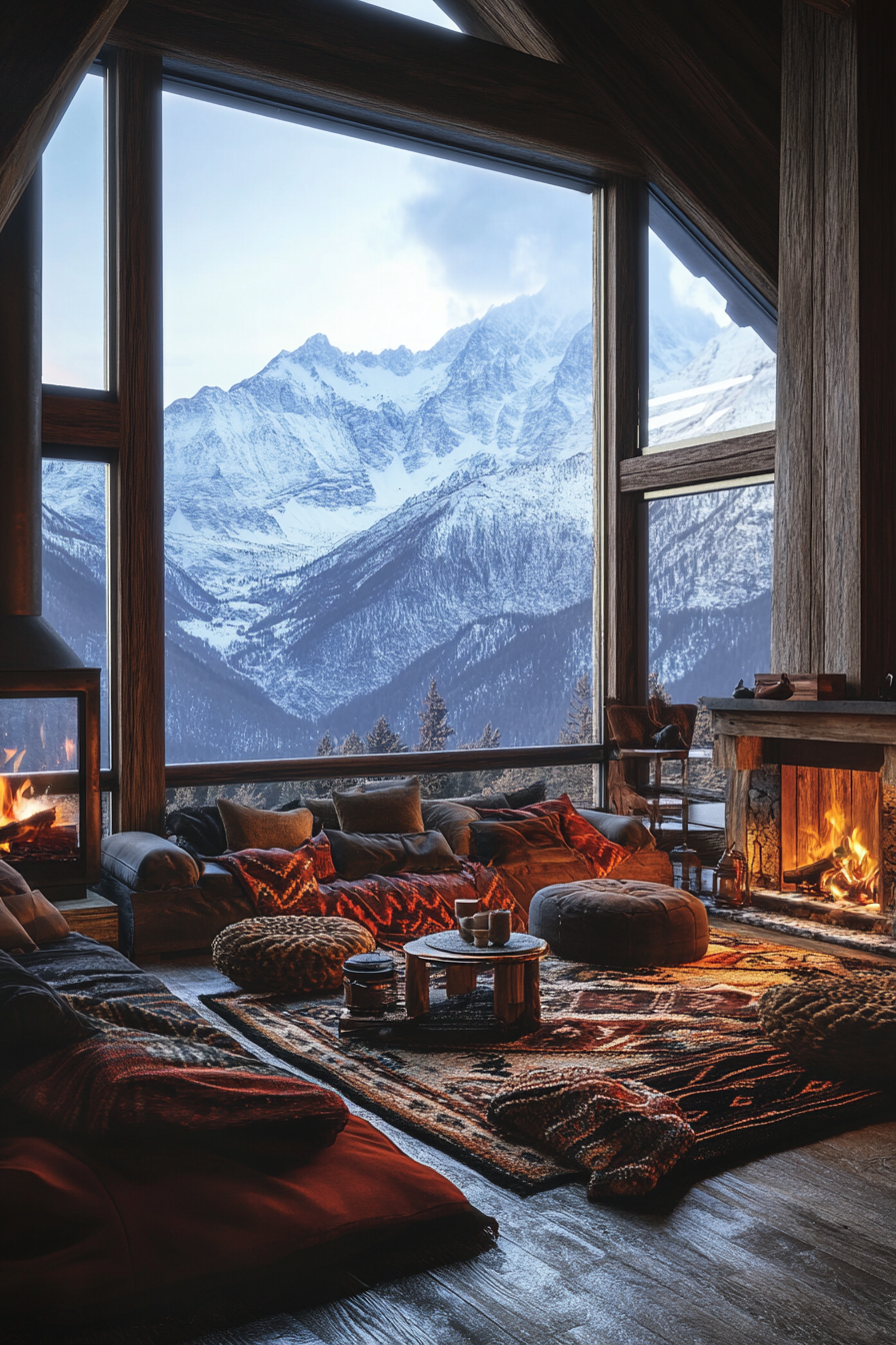 Ski lodge interior. Wool blankets, hot cocoa station, view of snow-capped peaks.