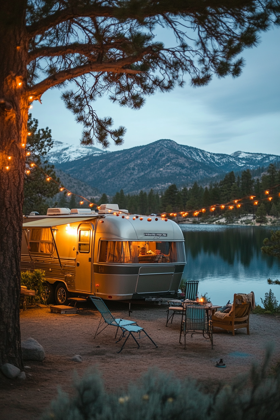 Wide angle view. Retro-styled RV beside mountain lake with metal gliders and string lights.