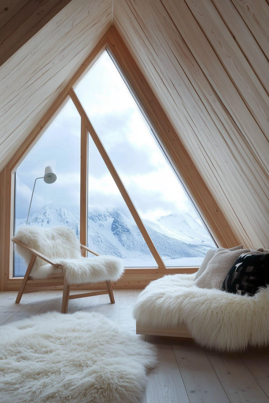 Scandinavian-inspired space. Red Stacked wood wall, white fur rug, skylight view of Northern Lights.