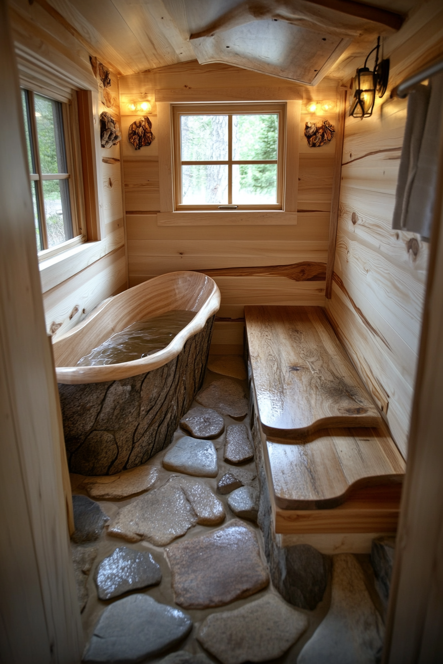 Natural tiny house bathroom. Wood tub, stone floor, wide-angle lens.