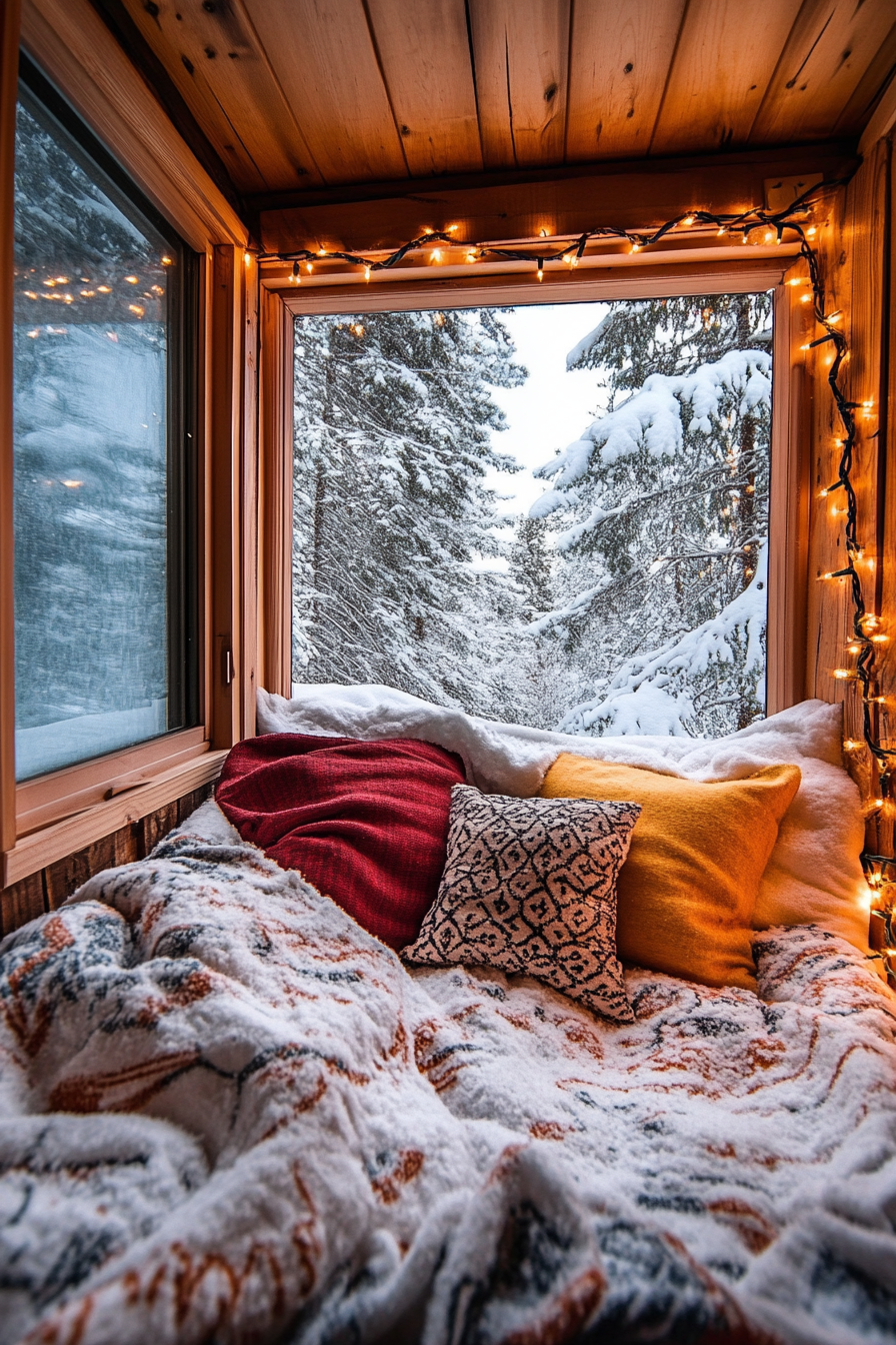 Wide angle view. Flannel bedding nook with string lights, snow-covered trees outside window.