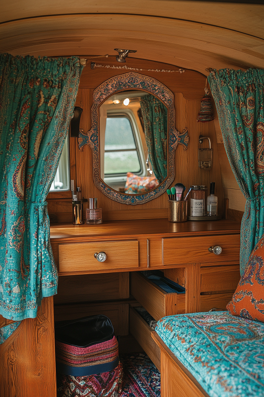 Bohemian van vanity area. Turquoise paisley print fabric mirror with oak makeup storage.