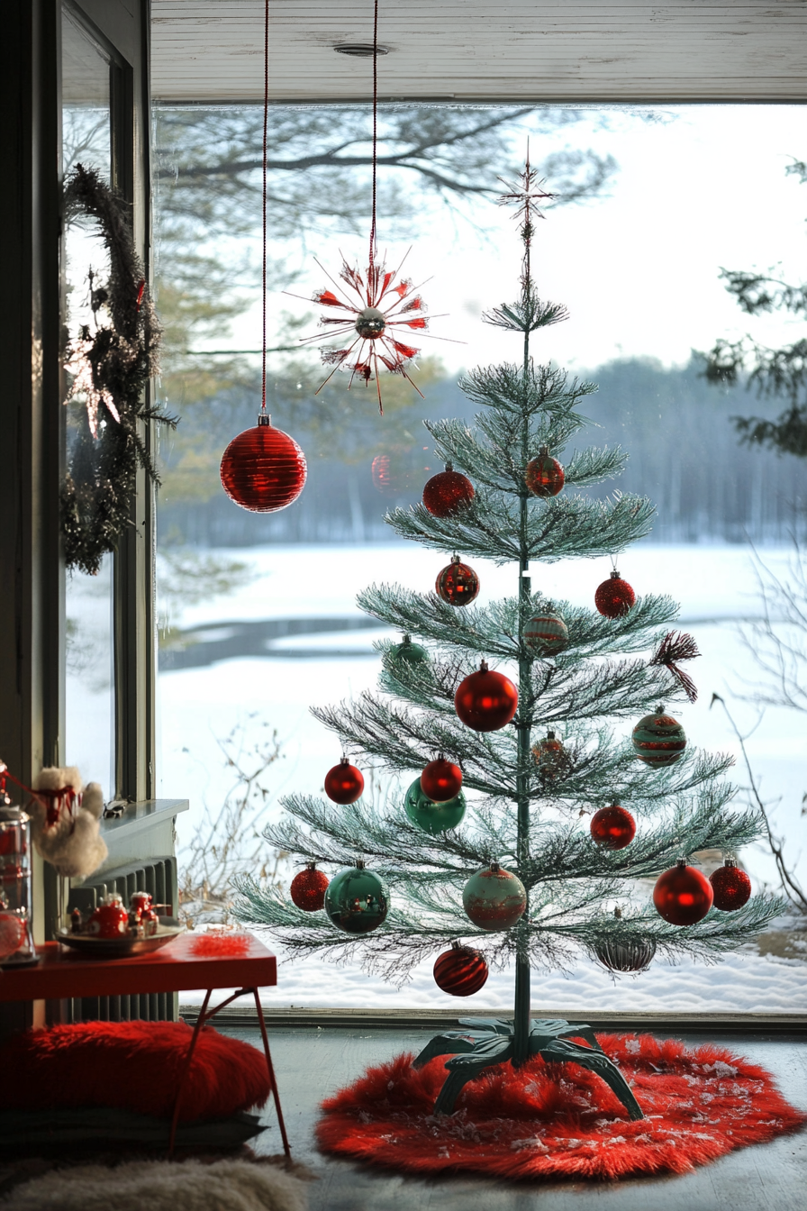 Retro-styled holiday interior. Green aluminum tree, vintage red ornaments, frozen lake backdrop.