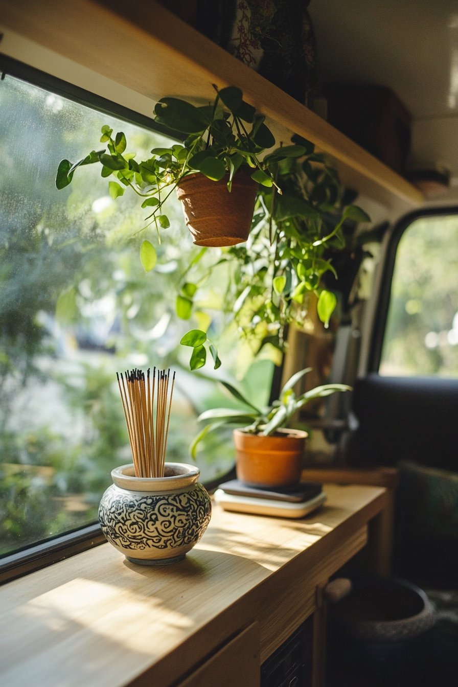 Zen-style van meditation room. Hanging plants above palo santo incense holder.