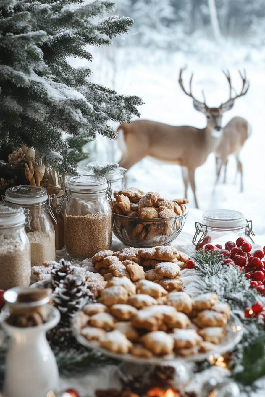 Wide angle view of holiday baking. Cookie station with spice jars, deer grazing in snowy meadow.