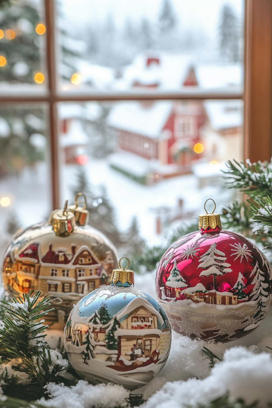 Wide angle Christmas interior. Velvet-ribboned vintage ornaments by snow-covered village view.