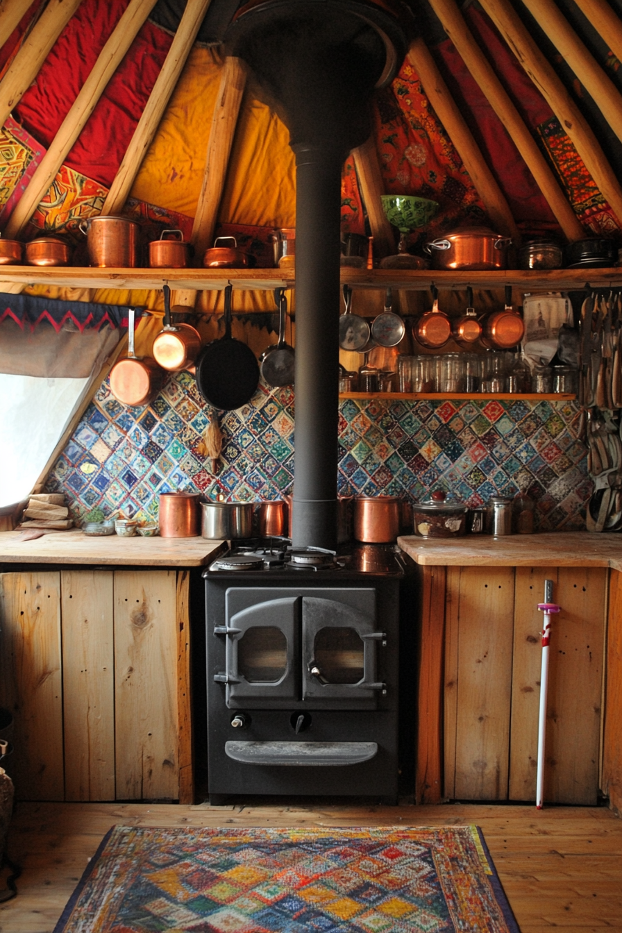 Alpine-Style Yurt Kitchen. Dark wood stove amid hanging copper pots and spice wall.