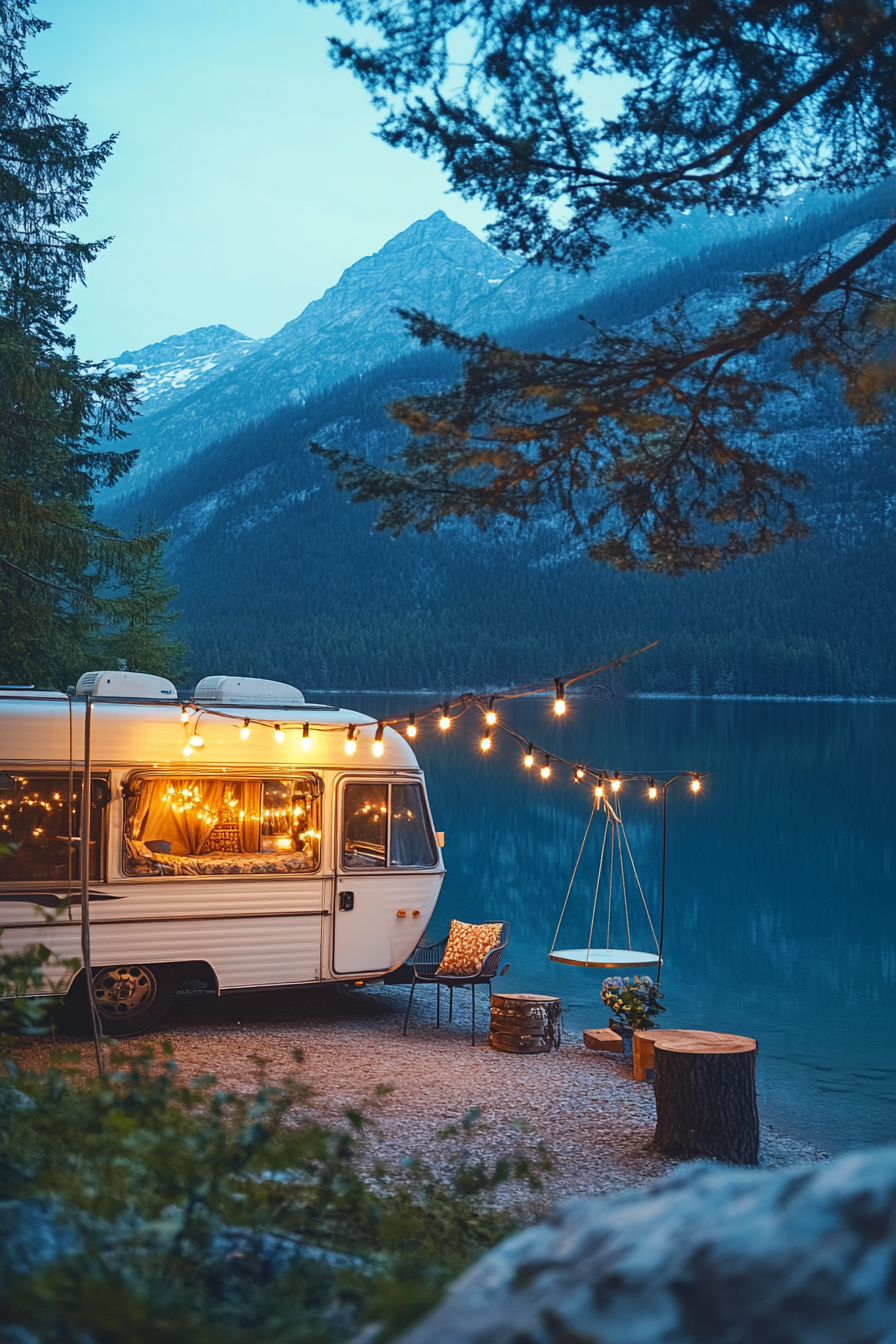 Wide-angle retro RV view. Parked by crystal-clear mountain lake with string lights and metal gliders.