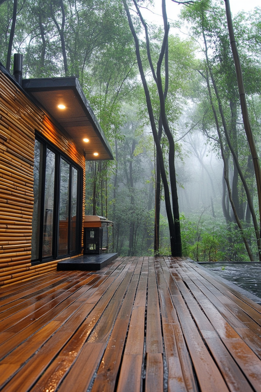 Wide angle minimalist tiny house deck. Bamboo screens, rocck garden, misty bamboo forest backdrop.