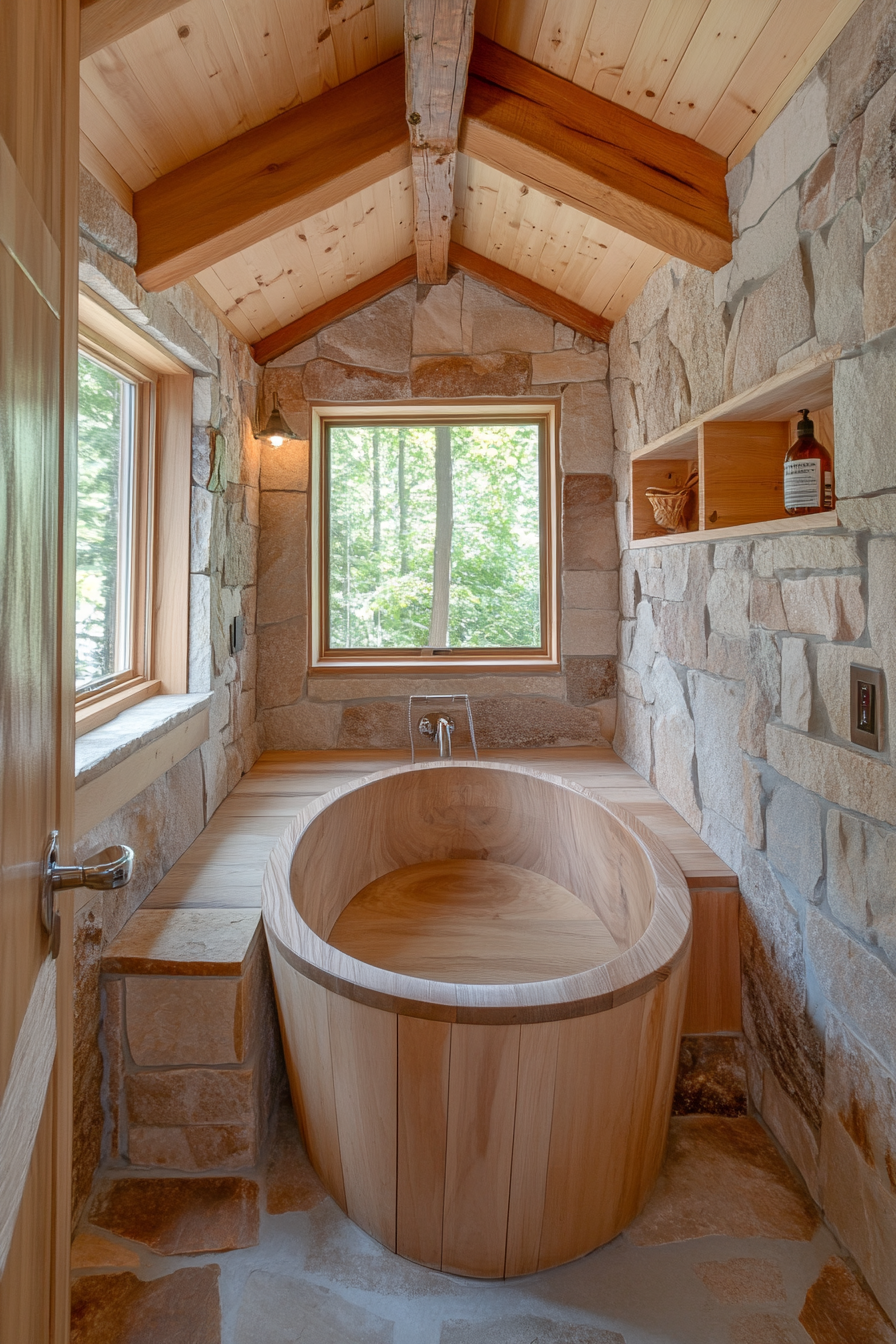 Natural tiny house bathroom. Wide angle. Wood soaking tub amid stone aesthetic.