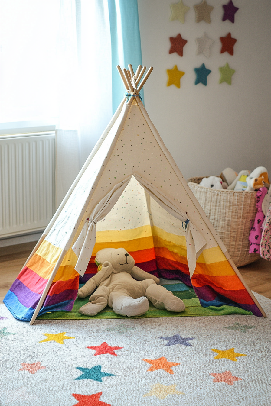 Baby space. Wide angle view of a rainbow tent on a star-patterned rug.