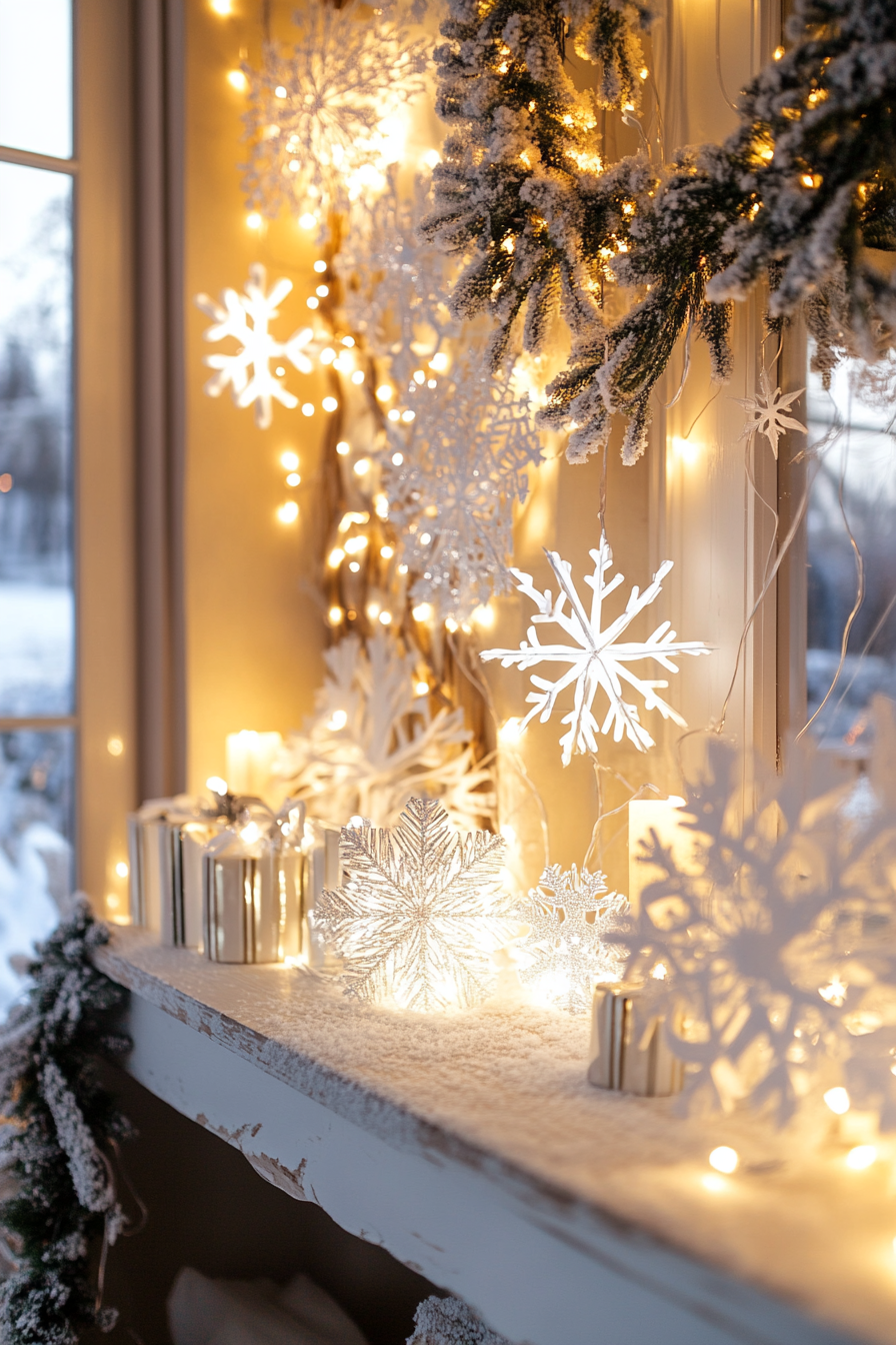 Modern Christmas décor. White lights, paper snowflakes, frost-covered valley, wide-angle view.